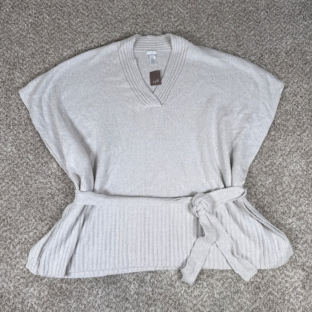 J Jill Poncho Sweater Womens XL-3X Stone Cotton Blend Belted Coastal Grandma